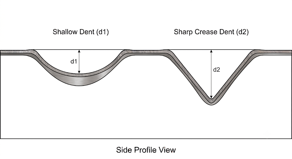 Comparison of shallow versus deep car dent damage on a vehicle panel